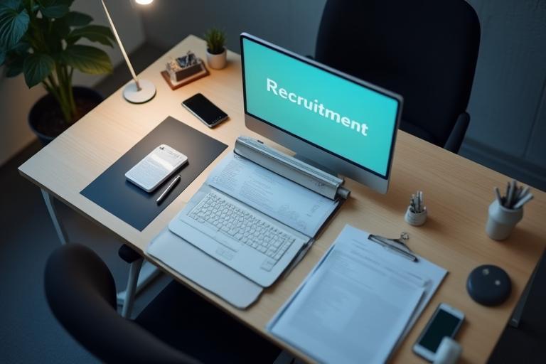Clean desk with computer and recruitment related items.