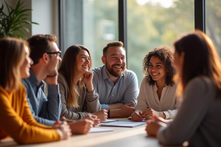 Aussie Tails team members smiling during a team meeting or casual gathering.